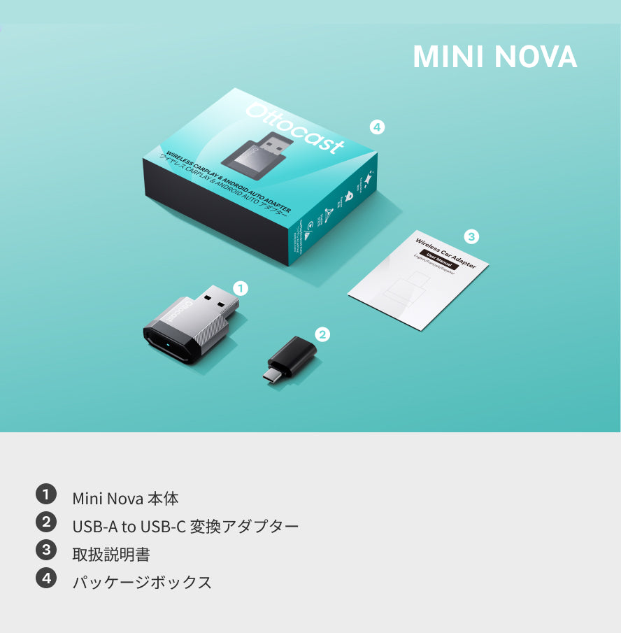 MINI Nova 3.0本体、USB変換アダプター、ユーザーマニュアル、パッケージ内容