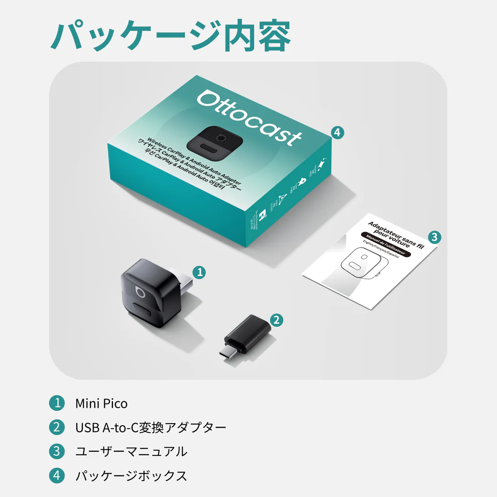 MINI Pico3.0本体、USB A-to-C変換アダプター、ユーザーマニュアル、パッケージ内容
